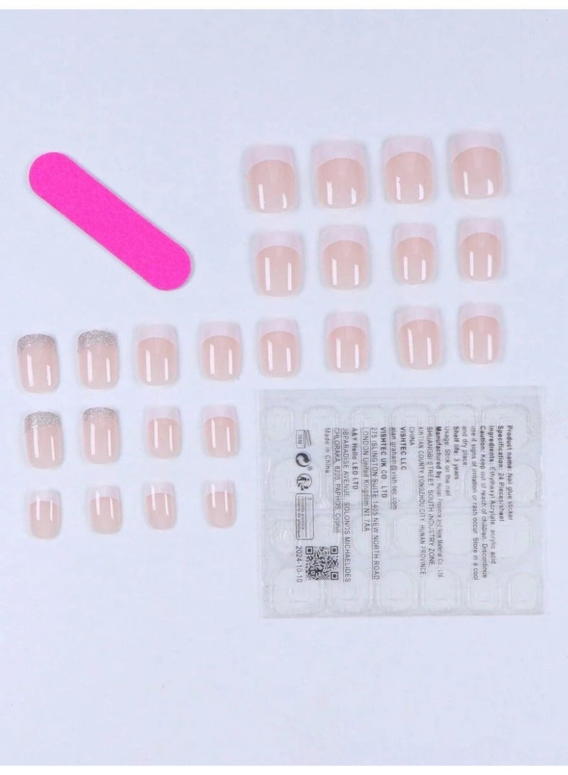 Short Press-On Nails French Style, 24-Piece Set, Pink and White French Design with Silver Tip – Reusable for Women - Image 2